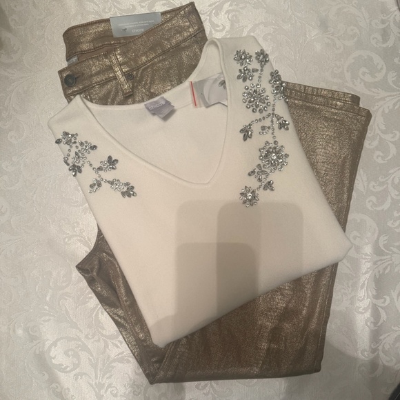 Chico's Platinum Denim Gold Jeans - Picture 3 of 12